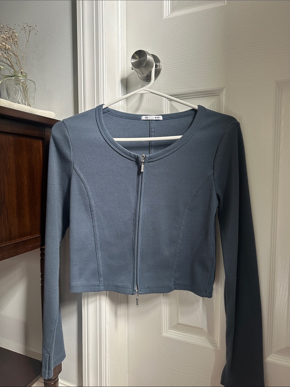 GU Crop Zip-Front Long Sleeve Top in Slate Blue